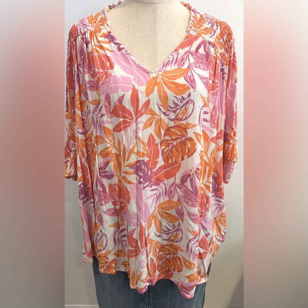 Terra & Sky Linen Blend Womens Tropical Shirt Button Up Top Short Sleeve Sz 1X